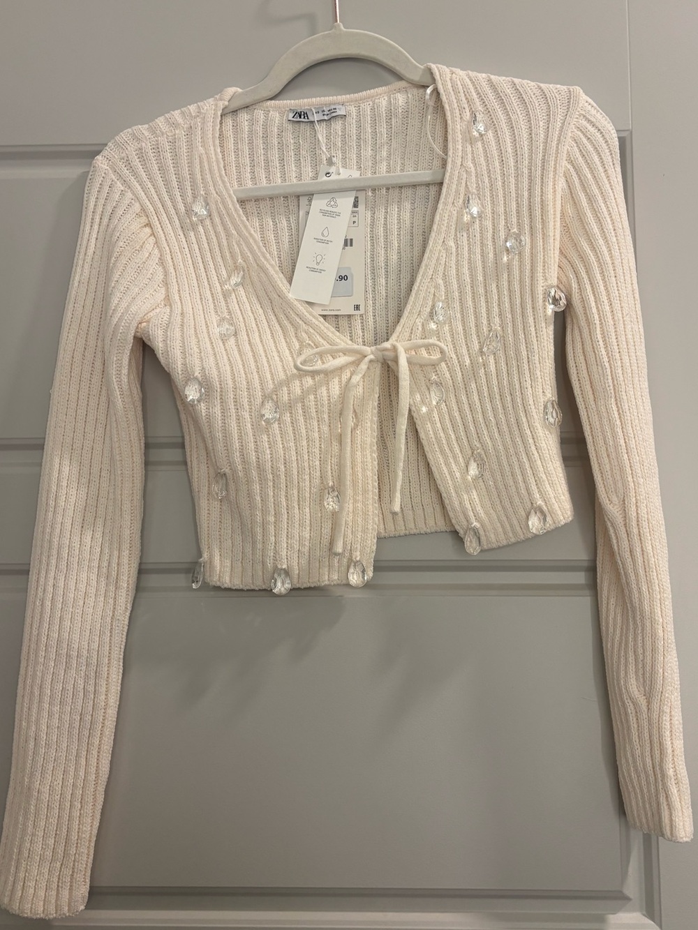Zara Cream Ribbed Cropped Cardigan with Embellished Dots